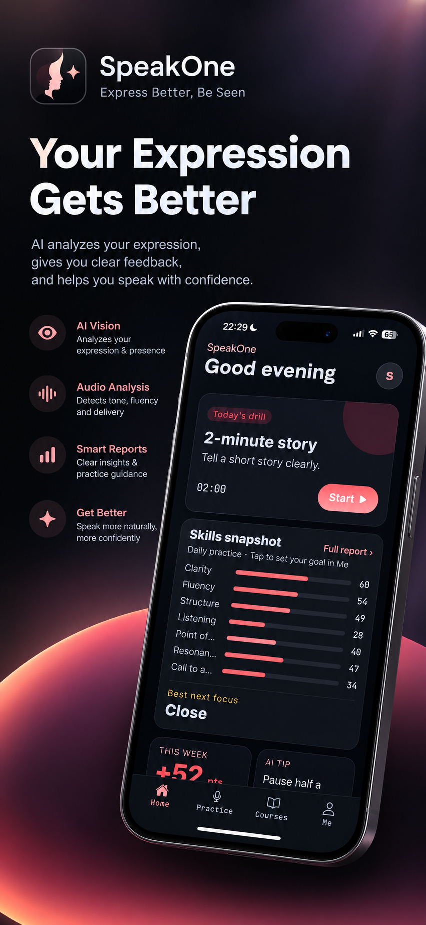SpeakOne AI expression coach interface, including today's training, AI suggestions and speaking progress data